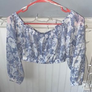 off the shoulder blue floral bandeau top